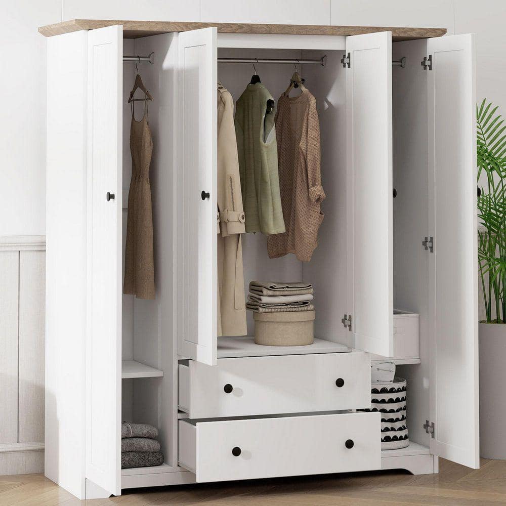 Nestfair White Wood 60.6 in. 4 Door Wardrobe Armoire Closet with 2