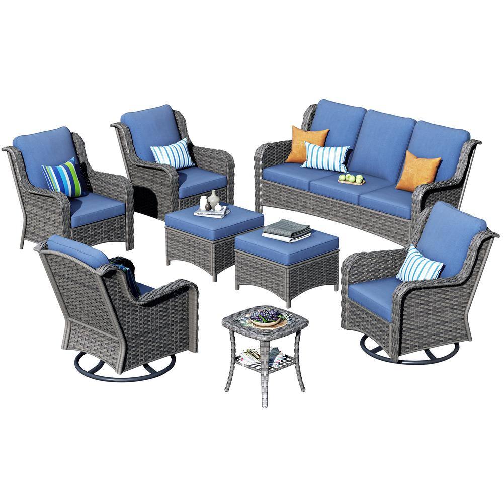 Orlando 8-Piece Denim Blue Cushioned Wicker Patio Sofa Set