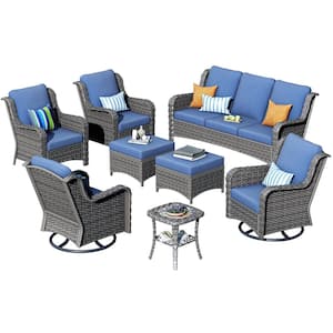 Oreille Grey 8-Piece Wicker Outdoor Patio Conversation Sofa Set with Swivel Rocking Chairs and Denim Blue Cushions