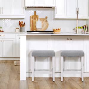 Jameson 24 in. Counter Height Antique White Wood Backless Barstool with Gray Linen Saddle Seat (Set of 2)