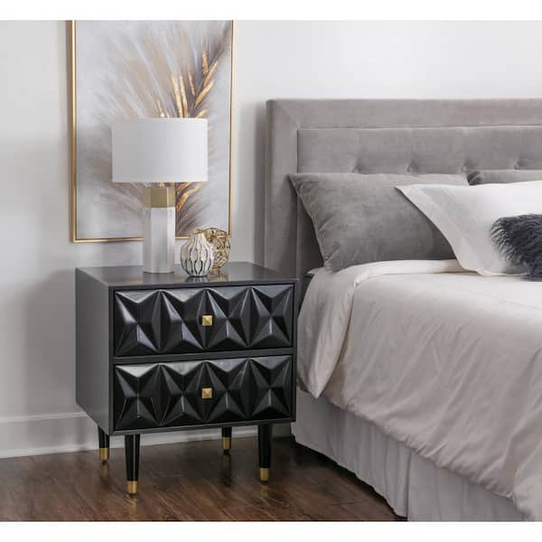 Linon Home Decor Covington Black 2 Drawer Textured Geometric Front Nightstand