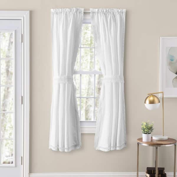 Brush Fringe White Polyester 80 in. W x 63 in. L Light Filtering Curtain Panel Pair with Ties