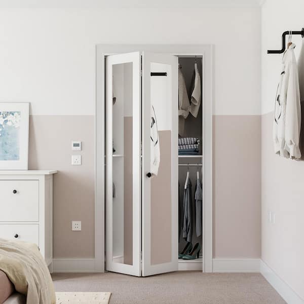 30 in. x 78 in. 1-Lite Mirrored Glass Solid Core White Finished MDF Closet Bi-Fold Door with Hardware Kit
