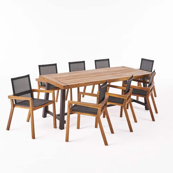Noble House Wanda Teak 9-Piece Wood Patio Outdoor Dining Set