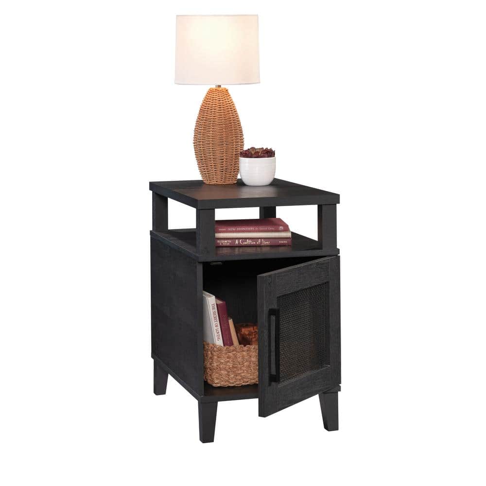 Raven Oak Rectangular Side Table with Storage and Rattan Insert