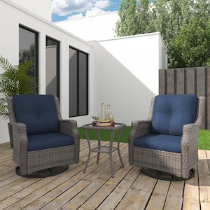 3-Piece Patio Wicker Conversation Set with Blue Cushions and Side Table - Swivel, Relax in Style