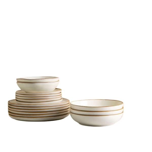 18-Piece Pearl White Ceramic Dinnerware Sets (Service for 6), Handmade Reactive Glaze Stoneware Plates and Bowls