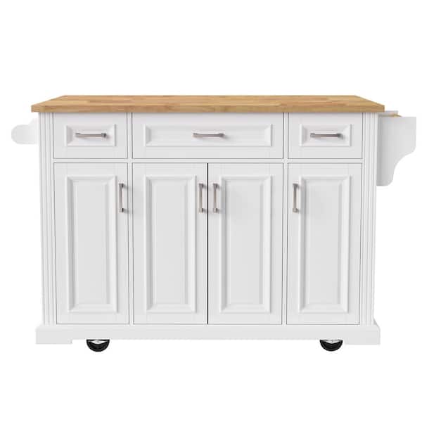 IDEAGLE White Wood 54 in. Large Kitchen Island with Rubber Wood Drop Leaf Rolling Kitchen Cart on 4 Wheels with 4 Doors 3-Drawer