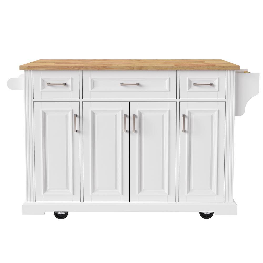 White Wood 54 in. Large Kitchen Island with Rubber Wood Drop Leaf Rolling K