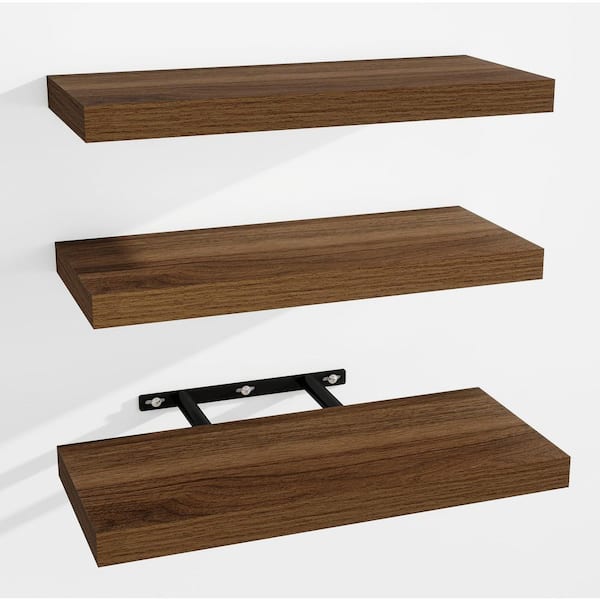 Unbranded 15 in. W x 6 in. D Walnut Wood Floating Shelves for Wall (Set of 3), Wall Mounted Decorative Wall Shelf
