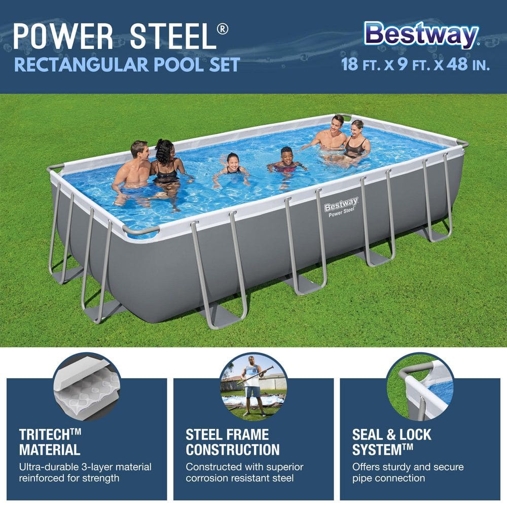 Gray 18ft x 9ft Rectangular Metal Frame Pool Set with Filter Pump