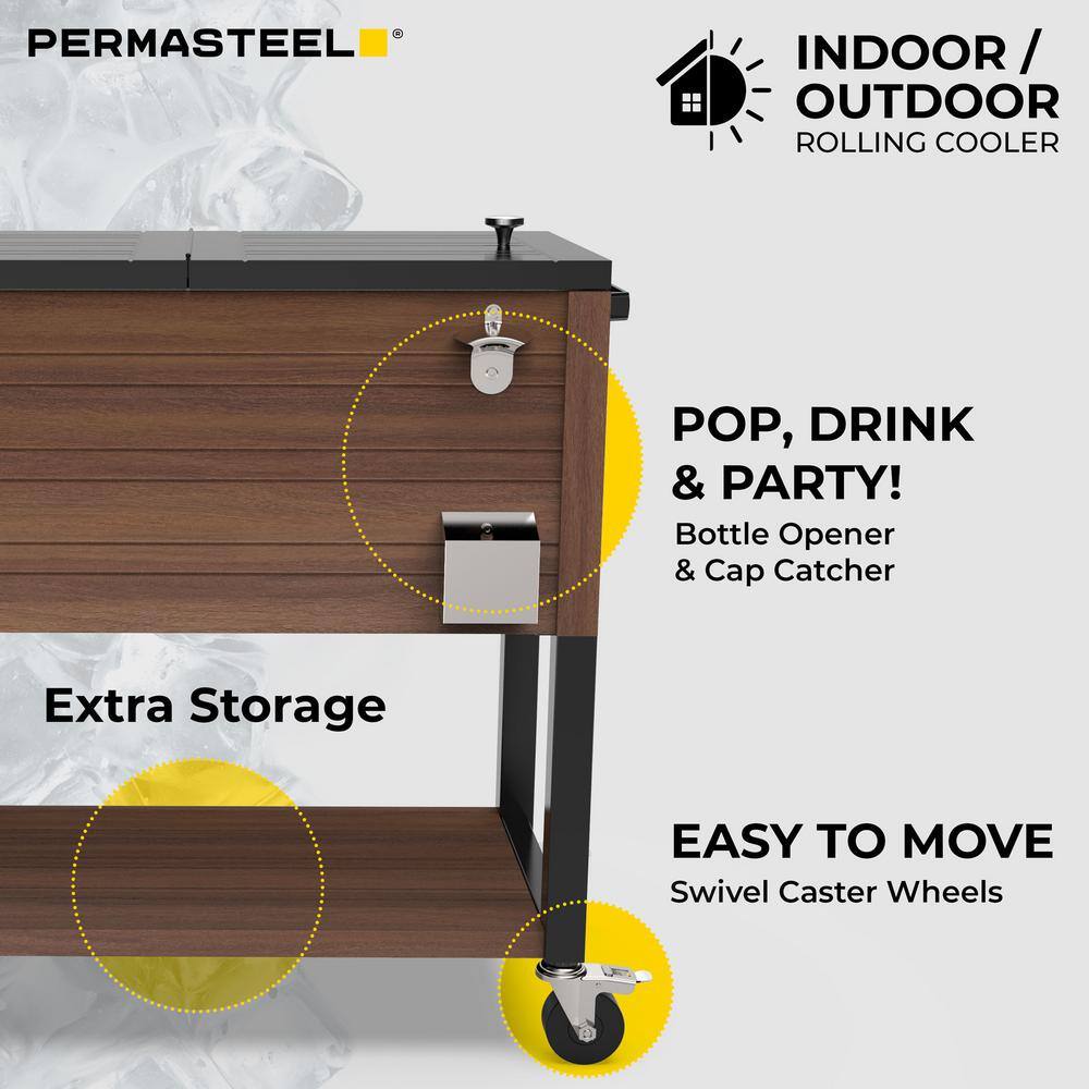 Permasteel 80-Quart Brown Woodgrain Rolling Patio Cooler with Insulated Basin