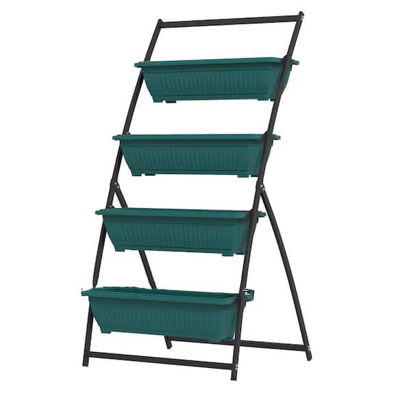 27 in. L x 27 in. W x 7.5" H Outdoor Plastic Raised Garden Bed, Self Draining Design 4 Tier Vertical Planter Stand Green