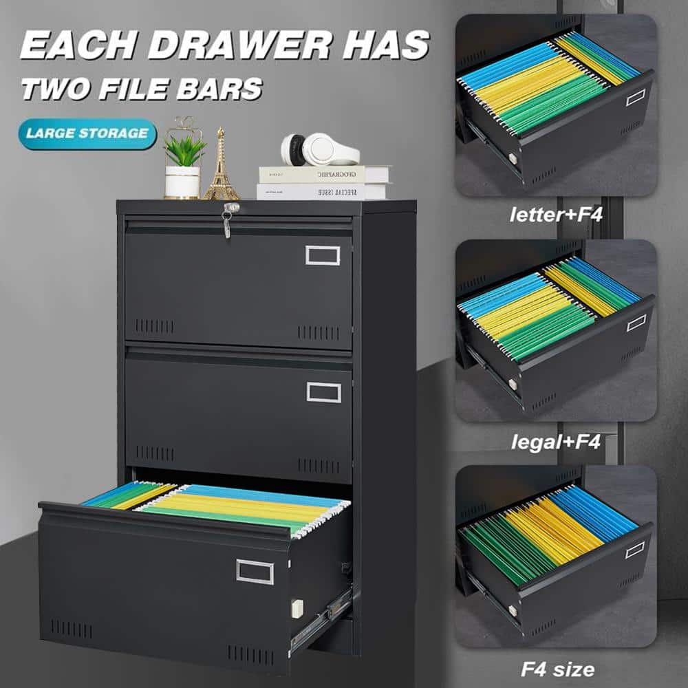 Black 3-Drawer Lockable Metal Lateral File Cabinet