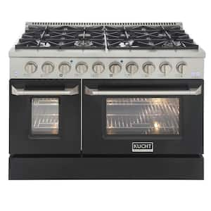 Pro-Style 48 in. 6.7 cu. ft. Double Oven Natural Gas Range with 8 Burners in Stainless Steel and Black Oven Doors