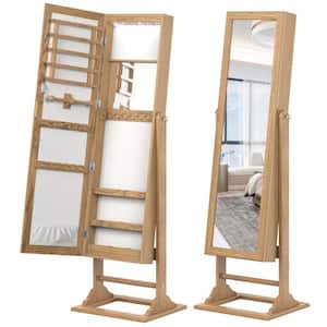 Natural MDF Jewelry Cabinet with Full-Length Mirror Lockable Jewelry Armoire and 6-Lights