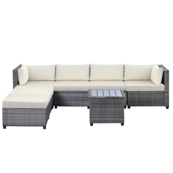Tatayosi 7-Piece Outdoor Metal Rattan Sofa Set Word Rattan Sectional Seating Group with Cushions in Beige