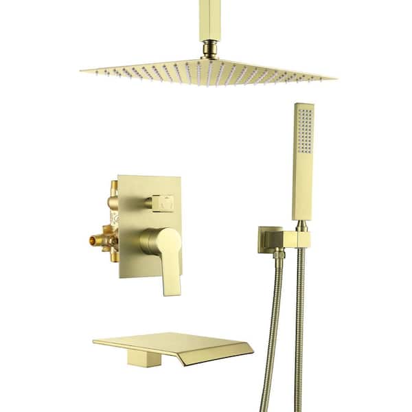 Single Handle 3-Spray Tub and Shower Faucet 2.5 GPM, Ceiling Mount 12 in. Head Shower and Hand Shower in Brushed Gold