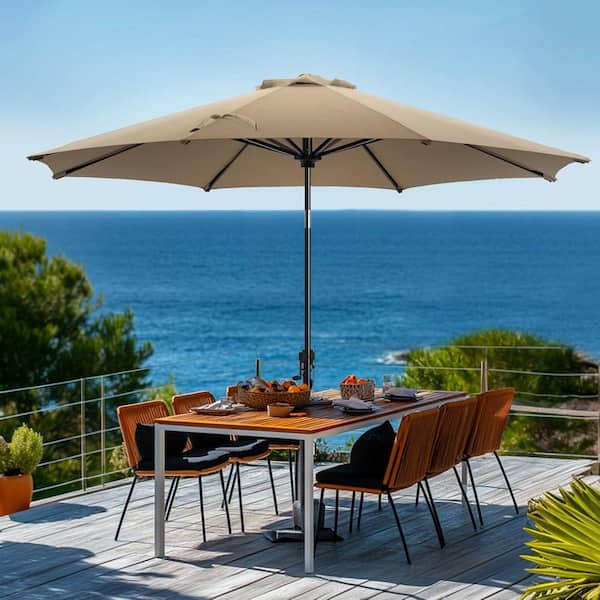 blue and tan patio umbrella Primehome 9 ft. Patio Umbrella for Outdoor with Push Button Tilt and Crank Table Umbrella Plus Base in Tan