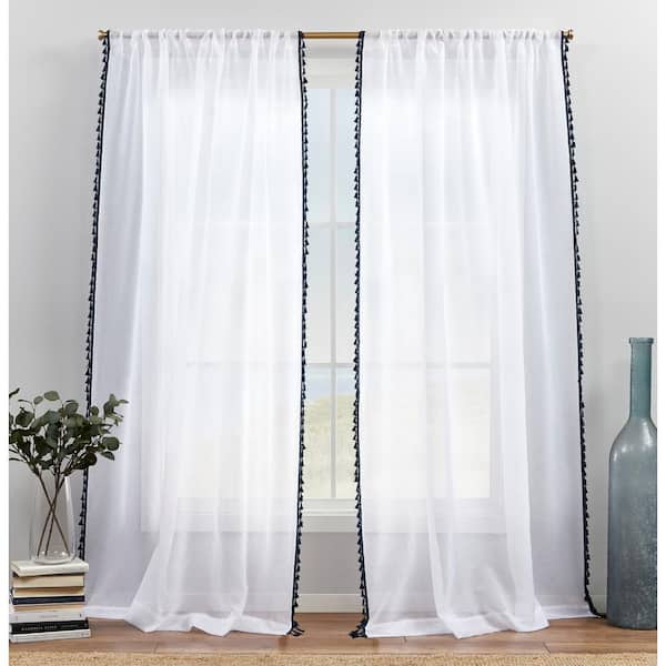 Tassels Indigo Solid Sheer Rod Pocket Curtain, 54 in. W x 84 in. L (Set of 2)