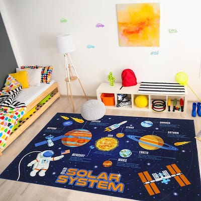 HEBE 4Ft Large Round Kids Rugs Washable Solar System Children/'s Fun Educational Learning Carpet Playmat Non Skid Nursery Kids Space Area Rug for Boys Girls Playroom Bedroom
