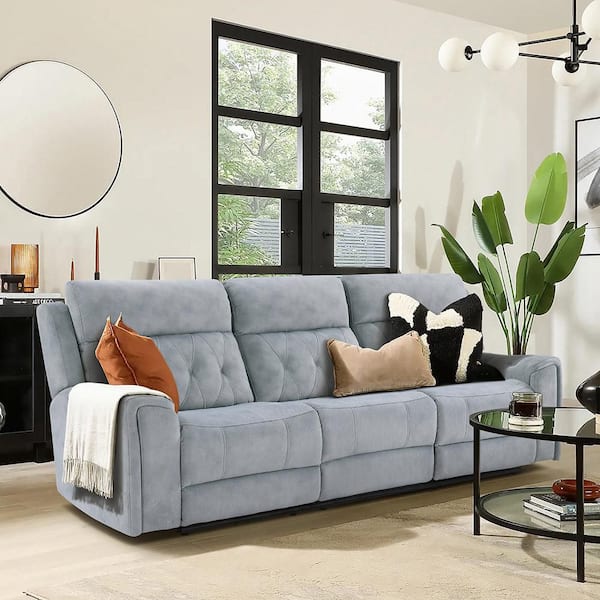 Korlan 98 in. W Straight Arm Microfiber Rectangle Power Double Reclining Sofa with Power Headrests in. Gray
