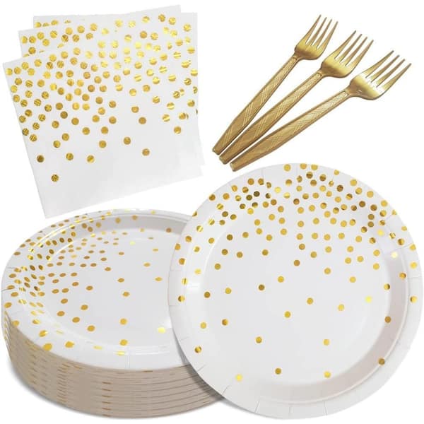 Thick Soak-Proof Disposable Party Kit, 105-Piece, Contemporary White Gold Dot, Paper, Dessert Plates Napkins Forks