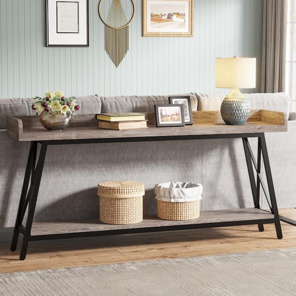 BYBLIGHT Turrella 70.9 in. Gray Rectangle Engineered Wood Console Table, Extra Long Sofa Table with 2-Tier Shelf