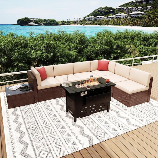 Sizzim 8-Piece Patio Wicker Sectional Set with 40 in. Metal Fire Pit Table, Brown Cushions and Set Covers