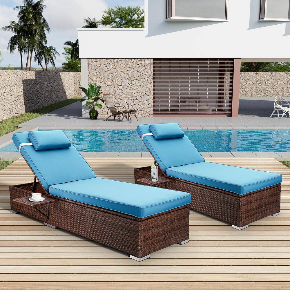 2-pieces Wicker Outdoor Chaise Lounge with Adjustable Backrest and Light Bl