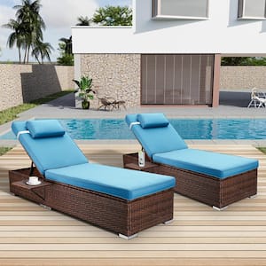 2-pieces Wicker Outdoor Chaise Lounge with Adjustable Backrest and Light Blue Cushions