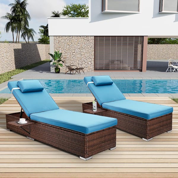 Unbranded 2-pieces Wicker Outdoor Chaise Lounge with Adjustable Backrest and Light Blue Cushions