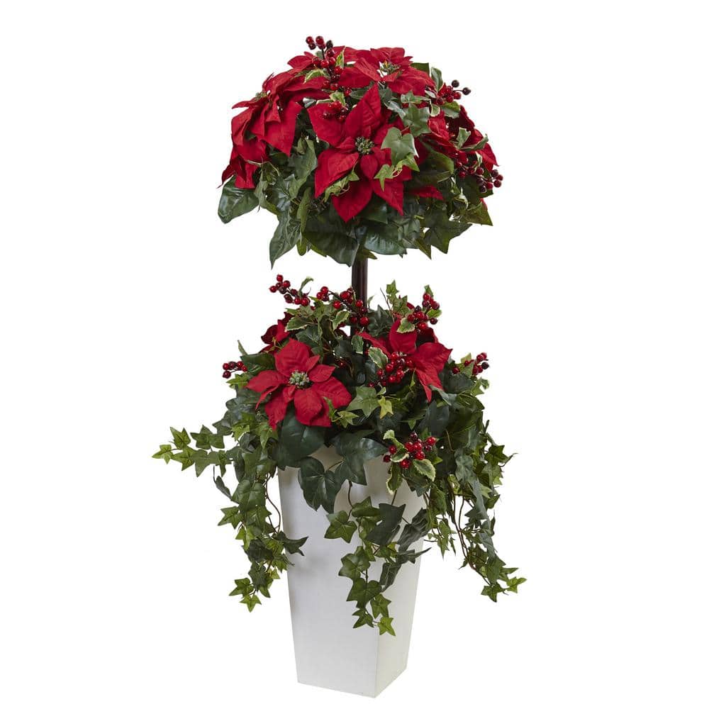 Nearly Natural 4 ft. Poinsettia Berry Topiary Arrangement with