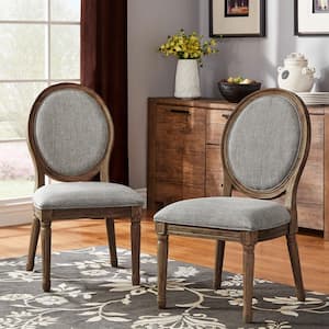 Brown Finish Grey Round Linen And Wood Dining Chairs (Set of 2)