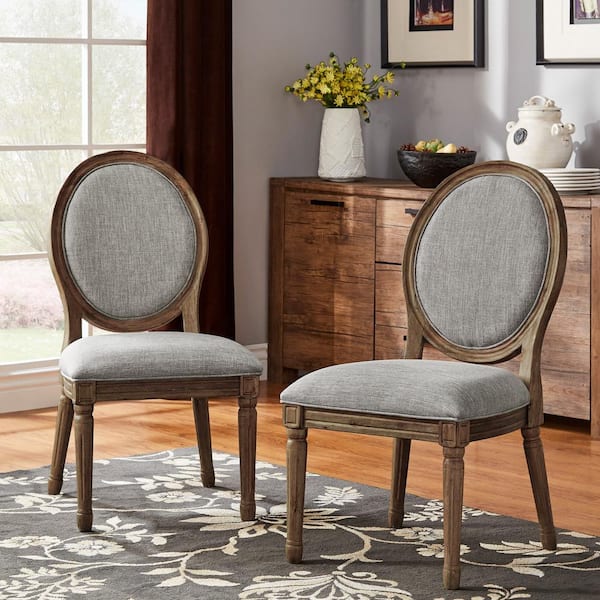 HomeSullivan Brown Finish Grey Round Linen And Wood Dining Chairs (Set of 2)