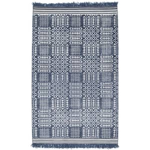 Blue 5 ft. x 8 ft. Rectangle Geometric Wool, Cotton Area Rug
