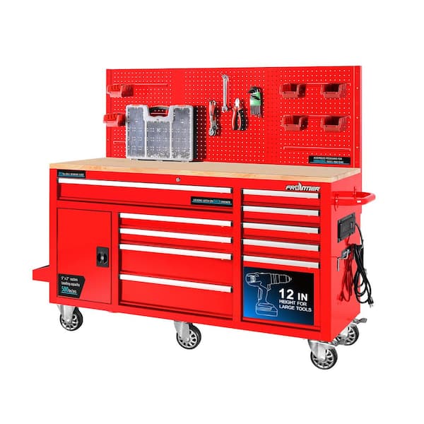Frontier 62 in. 10-Drawer Tool Chest Cabinet with Pegboard Back Wall Heavy-Duty Mobile Workbench in Red