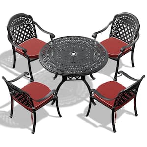 Isabella Black 5-Piece Cast Aluminum Outdoor Dining Set with 39.37 in. Round Table and Random Color Seat Cushions