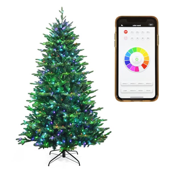 Costway 7ft App-Controlled Pre-Lit Christmas Tree Multicolor Lights w/15 Modes in Green