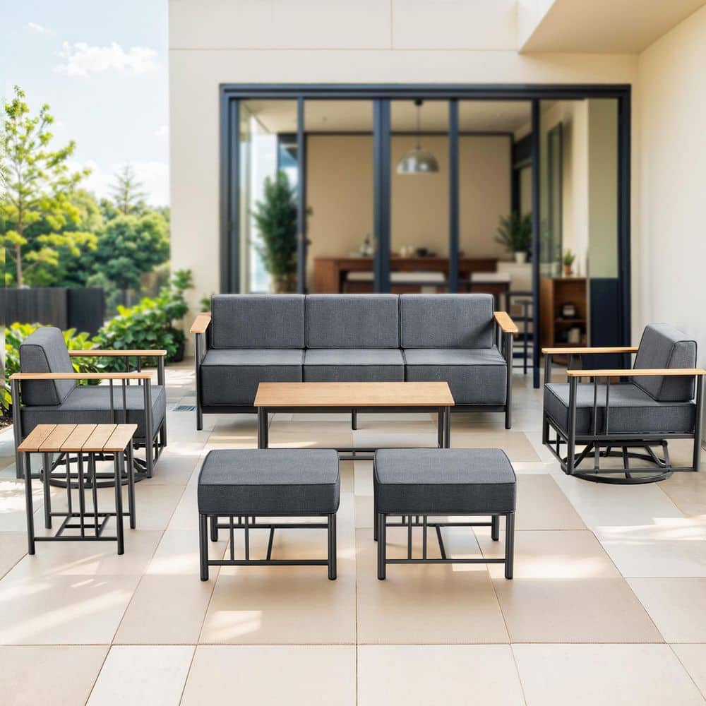 BoulderSeat Black Metal Patio Conversation Set with 6 in. Thick Olefin Dark Gray Cushions Patio Swivel Chairs (7-Piece) price history on PriceWatchPro