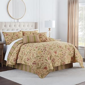 Waverly Imperial Dress Reversible Floral/Stripe 4 Piece Quilt Set Includes Quilt, Shams, Bed Skirt, Full/Queen, Antique
