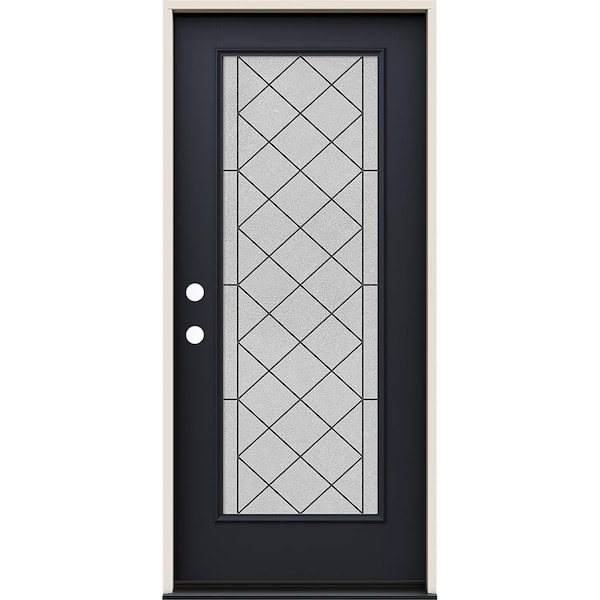 JELD-WEN 36 in. x 80 in. Right-Hand Full Lite Harris Decorative Glass Black Fiberglass Prehung Front Door