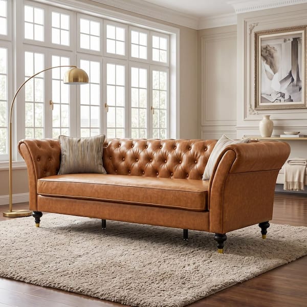 88.5 in. W Flared Arms Faux Leather Upholstered Rectangle Chesterfield Sofa in Light Brown with Deep Button Tufted Back