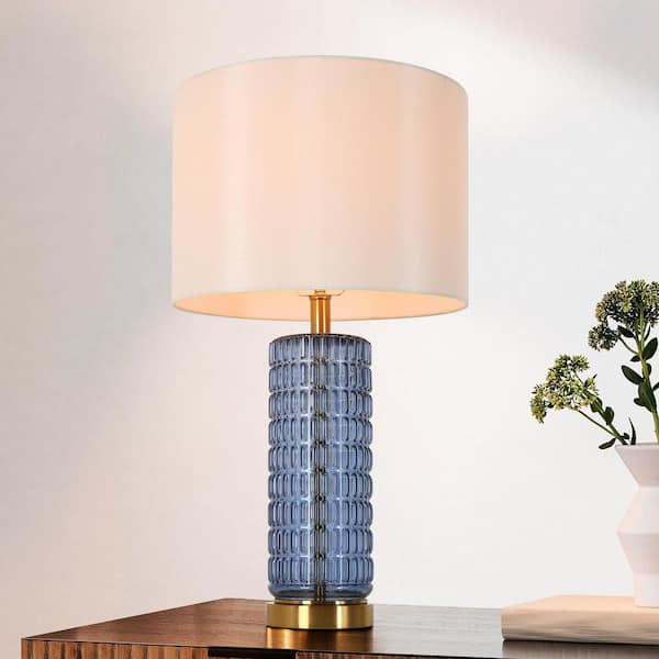 LNC Modern 28 in. Plated Brass Coastal Blue Glass Table Lamp for Bedroom Living Room, Classic Metal Lamp with Fabric Shade