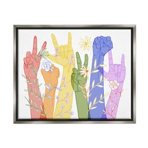 Rainbow Peace Love Caring Hand Signs ASL" by Grace Popp Floater Frame People Wall Art Print 17 in. x 21 in.