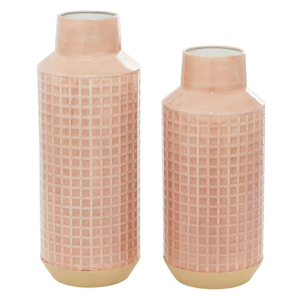 Sleek Contemporary Pink Metal Decorative Vases Set of 2