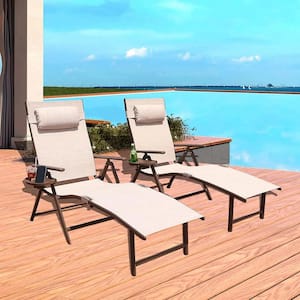 2-Piece Beige Aluminum Metal Outdoor Chaise Lounge, Folding Reclining Adjustable Chair with Pillow for Poolside Backyard