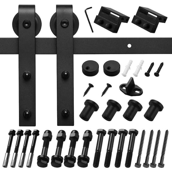 Boyel Living 5 ft./60 in. Black Steel Bent Strap Sliding Barn Door Track and Hardware Kit for Single with Floor Guide
