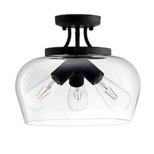 14.17 In. 3-Light Matte Black Drum Semi-Flush Mount with Clear Glass Shade and No Bulb Included (1-Pack)