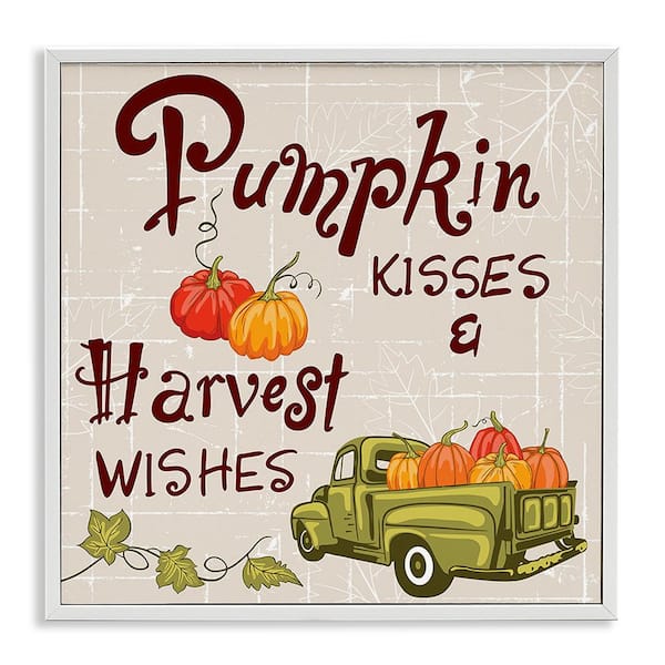 Stupell Industries Farmhouse Pumpkin Kisses by Diane Labombarbe 1-Piece Framed Graphic Print Typography Poster Art Print 12 in. x 12 in.